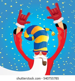 vector rock n roll santa claus with smoking pipe, santa beard and funky santa hat. Christmas hipster poster for party or greeting card. vector bad santa xmas poster background