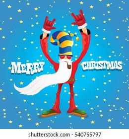 vector rock n roll santa claus with smoking pipe, santa beard and funky santa hat. Christmas hipster poster for party or greeting card. vector bad santa xmas poster background
