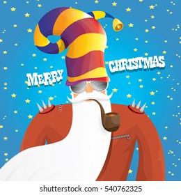 vector rock n roll santa claus with smoking pipe, santa beard and funky santa hat. Christmas hipster poster for party or greeting card. vector bad santa xmas poster background