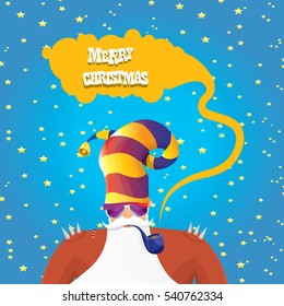 vector rock n roll santa claus with smoking pipe, santa beard and funky santa hat. Christmas hipster poster for party or greeting card. vector bad santa xmas poster background