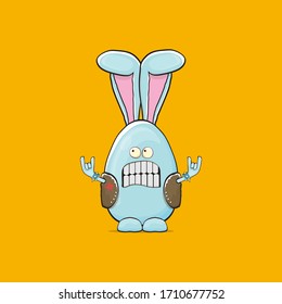 Vector rock n roll star easter bunny cartoon character with bunny ears isolated on orange background. rock n roll easter party poster or happy easter greeting card with blue rabbit