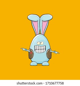 Vector rock n roll star easter bunny cartoon character with bunny ears isolated on orange background. rock n roll easter party poster or happy easter greeting card with blue rabbit