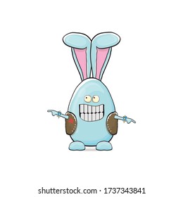 Vector rock n roll star easter bunny cartoon character with bunny ears isolated on white background. rock n roll easter party poster or happy easter greeting card with blue rabbit