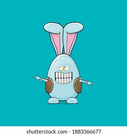 Vector rock n roll star easter bunny cartoon character with bunny ears isolated on blue background. rock n roll easter party poster or happy easter greeting card with blue rabbit