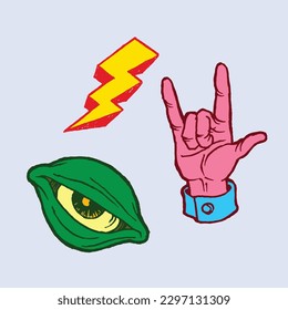 vector with a rock n roll theme, there are 3 illustrations in it, namely hands, eyes, and lightning