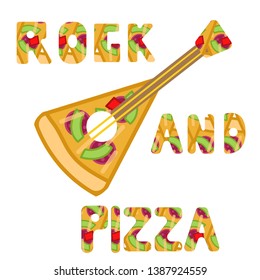 Vector Rock and Pizza phrase illustration with guitar from pizza slice