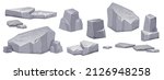 Vector rock set, cartoon gray stone pile collection isolated on white, cracked mountain nature boulder. Big granite blocks heap, game environment design objects, canyon formation. Rock stone clipart