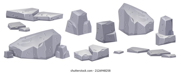 Vector Rock Set, Cartoon Gray Stone Pile Collection Isolated On White, Cracked Mountain Nature Boulder. Big Granite Blocks Heap, Game Environment Design Objects, Canyon Formation. Rock Stone Clipart