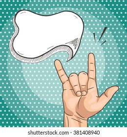 Vector Rock sign with text cloud in pop art comics style. Grunge man hand showing rock n roll gesture.