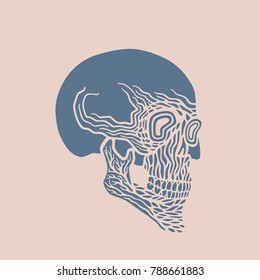 Vector rock skull for rock tattoo. Horror silhouette of face of skull in abstract painting. Print for sticker or tshirt