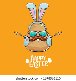 vector rock star easter potato funny cartoon character with blue bunny ears isolated on orange background. rock n roll easter party poster or happy easter greeeting card