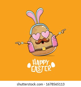 vector rock star easter potato funny cartoon character with blue bunny ears isolated on orange background. rock n roll easter party poster or happy easter greeeting card