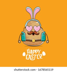 vector rock star easter potato funny cartoon character with blue bunny ears isolated on orange background. rock n roll easter party poster or happy easter greeeting card