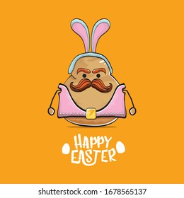 vector rock star easter potato funny cartoon character with blue bunny ears isolated on orange background. rock n roll easter party poster or happy easter greeeting card