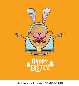 vector rock star easter potato funny cartoon character with blue bunny ears isolated on orange background. rock n roll easter party poster or happy easter greeeting card