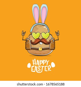 vector rock star easter potato funny cartoon character with blue bunny ears isolated on orange background. rock n roll easter party poster or happy easter greeeting card