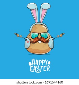 Vector rock star easter potato funny cartoon character with blue easter bunny ears isolated on blue background. rock n roll easter party poster or happy easter greeting card