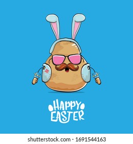 Vector rock star easter potato funny cartoon character with blue easter bunny ears isolated on blue background. rock n roll easter party poster or happy easter greeting card