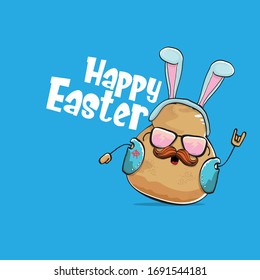 Vector rock star easter potato funny cartoon character with blue easter bunny ears isolated on blue background. rock n roll easter party poster or happy easter greeting card