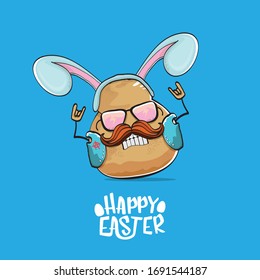 Vector rock star easter potato funny cartoon character with blue easter bunny ears isolated on blue background. rock n roll easter party poster or happy easter greeting card