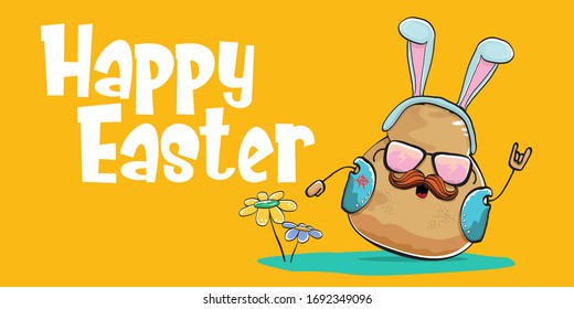 Vector rock star easter potato funny cartoon character with blue easter bunny ears isolated on orange horizontal banner background. rock n roll easter party poster or happy easter greeting card