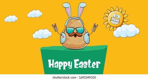 Vector rock star easter potato funny cartoon character with blue easter bunny ears isolated on orange horizontal banner background. rock n roll easter party poster or happy easter greeting card