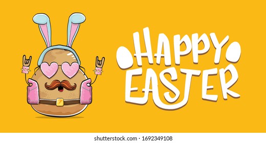 Vector rock star easter potato funny cartoon character with blue easter bunny ears isolated on orange horizontal banner background. rock n roll easter party poster or happy easter greeting card