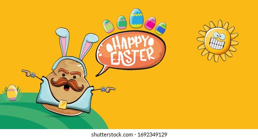 Vector rock star easter potato funny cartoon character with blue easter bunny ears isolated on orange horizontal banner background. rock n roll easter party poster or happy easter greeting card