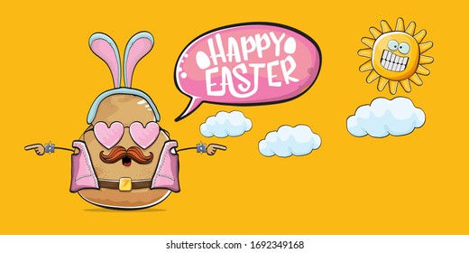 Vector rock star easter potato funny cartoon character with blue easter bunny ears isolated on orange horizontal banner background. rock n roll easter party poster or happy easter greeting card