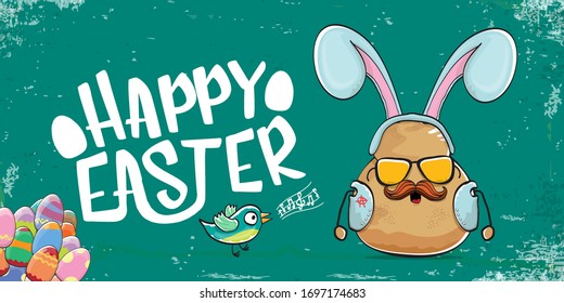 Vector rock star easter potato funny cartoon character with blue easter bunny ears isolated on turquoise horizontal banner background. rock n roll easter party poster or happy easter greeting card