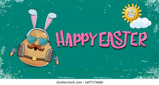 Vector rock star easter potato funny cartoon character with blue easter bunny ears isolated on turquoise horizontal banner background. rock n roll easter party poster or happy easter greeting card