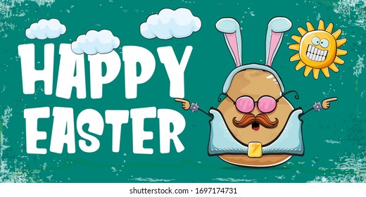 Vector rock star easter potato funny cartoon character with blue easter bunny ears isolated on turquoise horizontal banner background. rock n roll easter party poster or happy easter greeting card