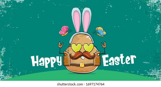 Vector rock star easter potato funny cartoon character with blue easter bunny ears isolated on turquoise horizontal banner background. rock n roll easter party poster or happy easter greeting card