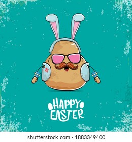 vector rock star easter potato funny cartoon character with blue bunny ears isolated on an azure background. rock n roll easter party poster or happy easter greeting card