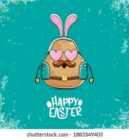 vector rock star easter potato funny cartoon character with blue bunny ears isolated on an azure background. rock n roll easter party poster or happy easter greeting card