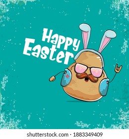 vector rock star easter potato funny cartoon character with blue bunny ears isolated on an azure background. rock n roll easter party poster or happy easter greeting card