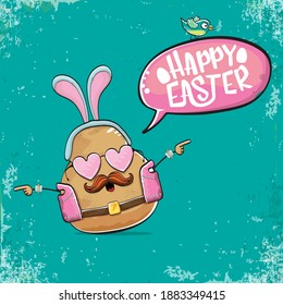 vector rock star easter potato funny cartoon character with blue bunny ears isolated on an azure background. rock n roll easter party poster or happy easter greeting card