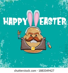 vector rock star easter potato funny cartoon character with blue bunny ears isolated on an azure background. rock n roll easter party poster or happy easter greeting card