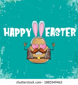 vector rock star easter potato funny cartoon character with blue bunny ears isolated on an azure background. rock n roll easter party poster or happy easter greeting card