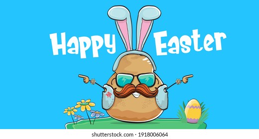 Vector rock star easter potato funny cartoon character with blue easter bunny ears isolated on blue horizontal banner background. rock n roll easter party poster or happy easter greeting card