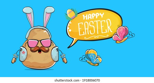 Vector rock star easter potato funny cartoon character with blue easter bunny ears isolated on blue horizontal banner background. rock n roll easter party poster or happy easter greeting card