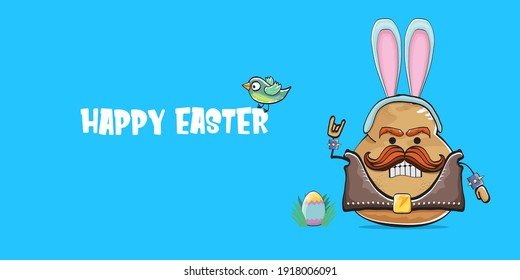 Vector rock star easter potato funny cartoon character with blue easter bunny ears isolated on blue horizontal banner background. rock n roll easter party poster or happy easter greeting card