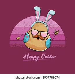 vector rock star easter potato funny cartoon character with blue bunny ears isolated on vintage background with sun. rock n roll easter party poster or happy easter greeting card