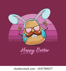 vector rock star easter potato funny cartoon character with blue bunny ears isolated on vintage background with sun. rock n roll easter party poster or happy easter greeting card