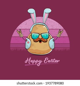 vector rock star easter potato funny cartoon character with blue bunny ears isolated on vintage background with sun. rock n roll easter party poster or happy easter greeting card