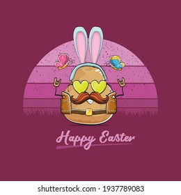 vector rock star easter potato funny cartoon character with blue bunny ears isolated on vintage background with sun. rock n roll easter party poster or happy easter greeting card