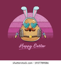 vector rock star easter potato funny cartoon character with blue bunny ears isolated on vintage background with sun. rock n roll easter party poster or happy easter greeting card