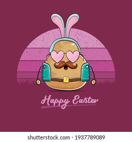 vector rock star easter potato funny cartoon character with blue bunny ears isolated on vintage background with sun. rock n roll easter party poster or happy easter greeting card