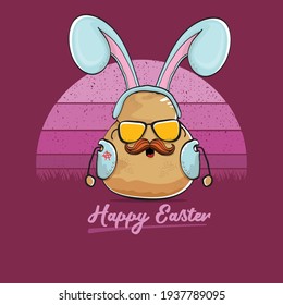 vector rock star easter potato funny cartoon character with blue bunny ears isolated on vintage background with sun. rock n roll easter party poster or happy easter greeting card