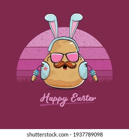 vector rock star easter potato funny cartoon character with blue bunny ears isolated on vintage background with sun. rock n roll easter party poster or happy easter greeting card